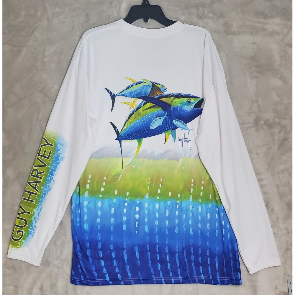 Guy Harvey Shirt Mens 2XL White Long Sleeve Fishing Graphic Blue Green EUC